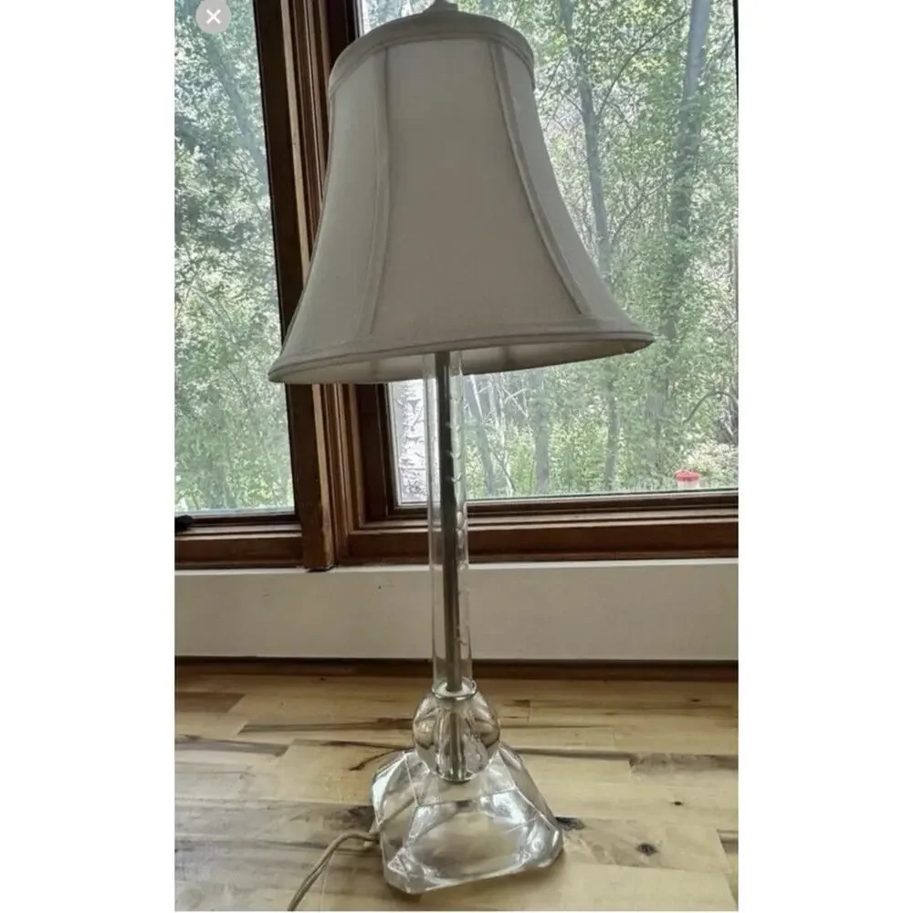 Vintage Etched Crystal Glass Table Lamp Faceted Base Clear Boudoir Accent Works